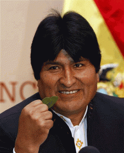 Morales with coca leaf