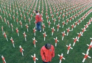 Activists place white crosses bearing red ribbons at the Museumplein in Amsterdam, The Netherlands; photo: EPA