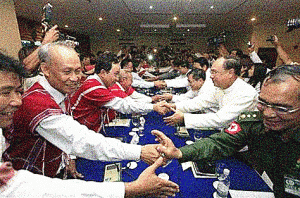 Representatives of Burma&#039;s government and the KNU meet.