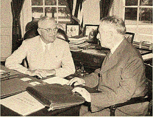 Harry Truman and Secretary of War Henry Stimson in the lull between the storms of Hiroshima and Nagasaki.