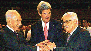 Secretary of State Kerry, Israeli President Peres, and Palestinian President Abbas. 