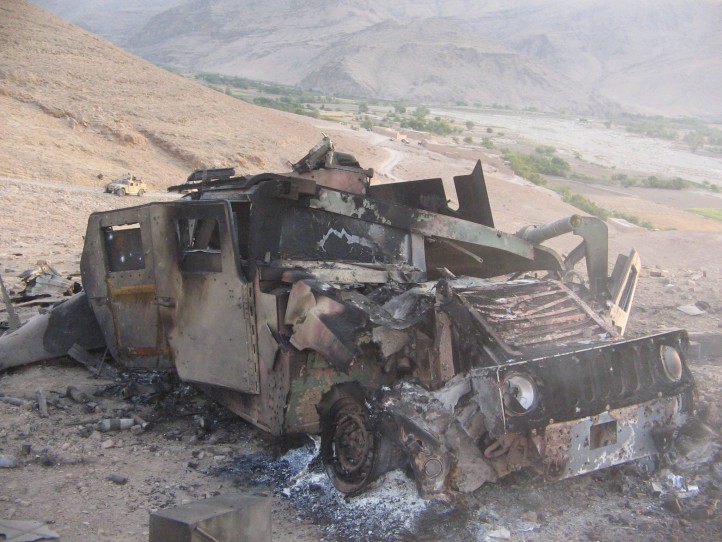 The costs of war, in every way, have become prohibitive. Pictured: a Humvee destroyed in an attack. (Photo: Hoggard Films)