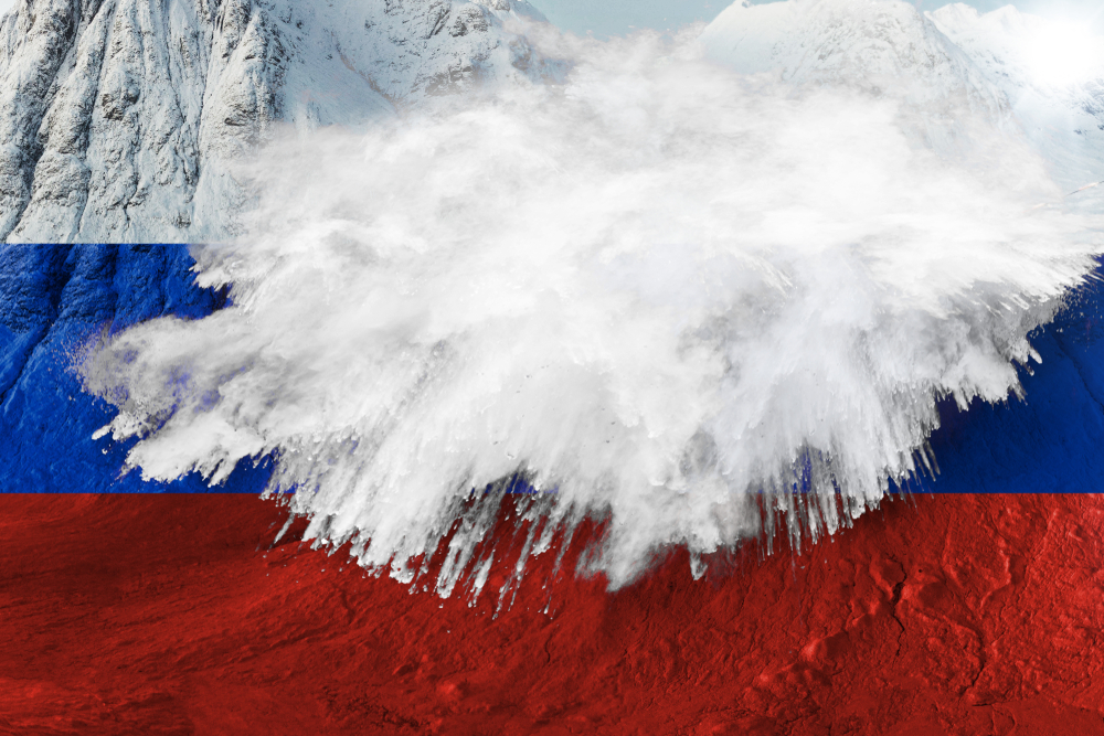 Illustration: an avalanche erupts from an image of the Russian flag.