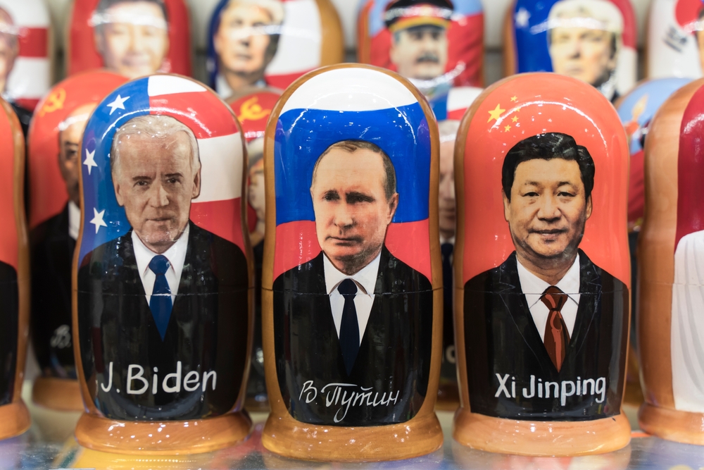 Russian nesting dolls featuring images of Joe Biden, Vladimir Putin, and Xi Jinping (Shutterstock)