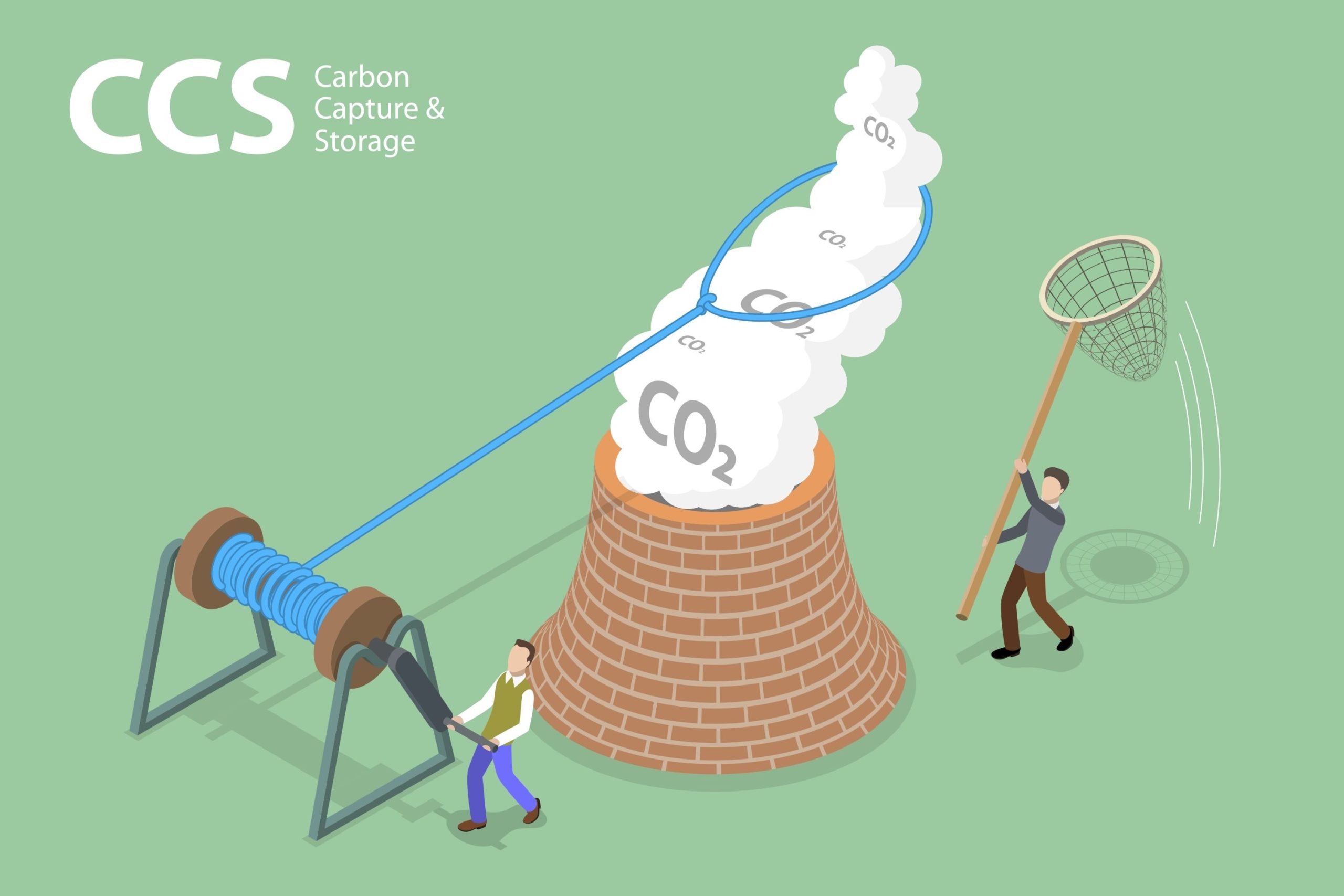 Illustration: One man tries to reel smoke labeled "CO2" in on a string, while another chases it with a porous net. (Shutterstock)