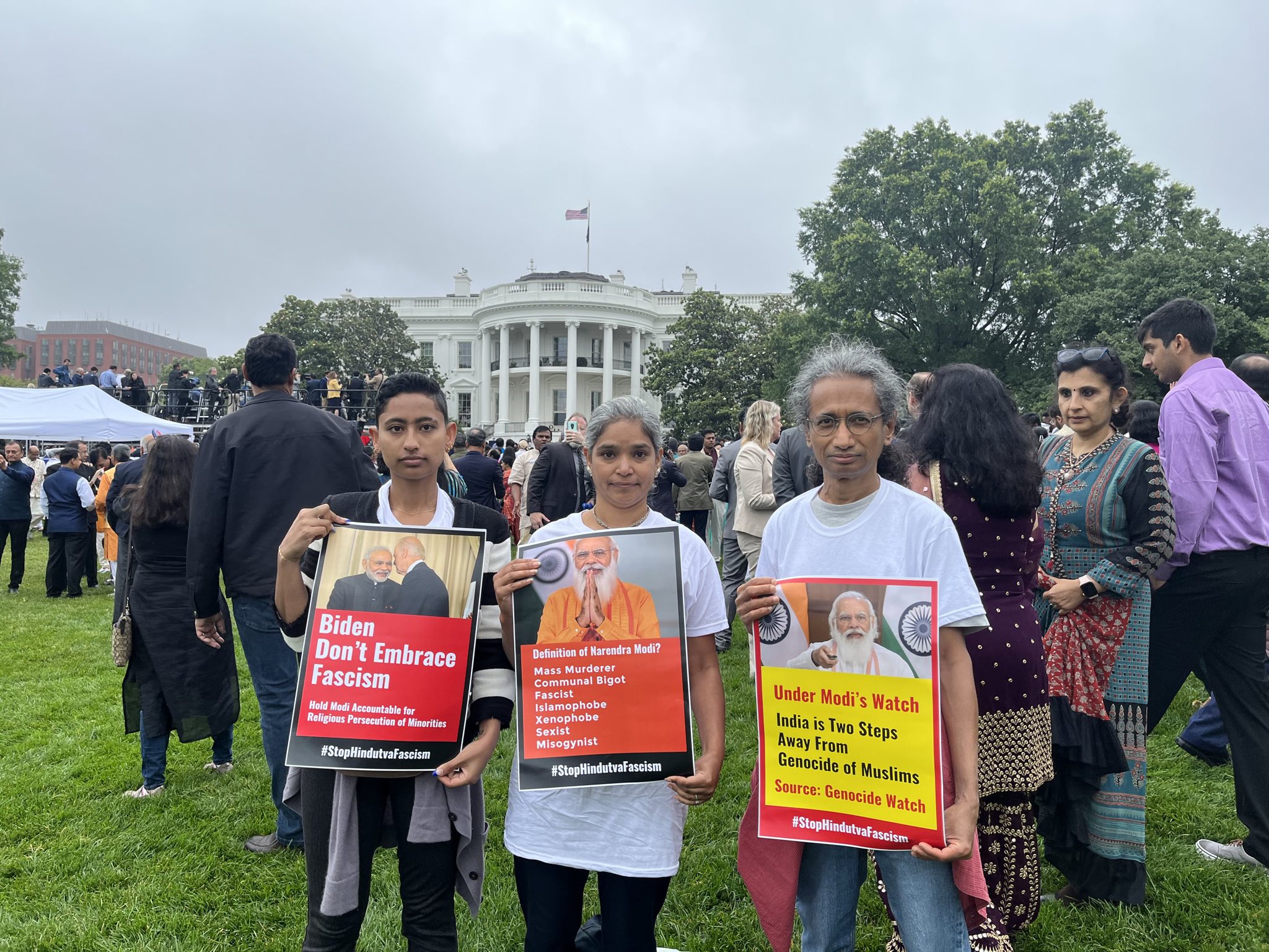 Basav Sen (foreground, right) and two fellow protestors demonstrate against Indian Prime Minister Narendra Modi during his White House visit in June 2022. (Photo provided by Apoorva)