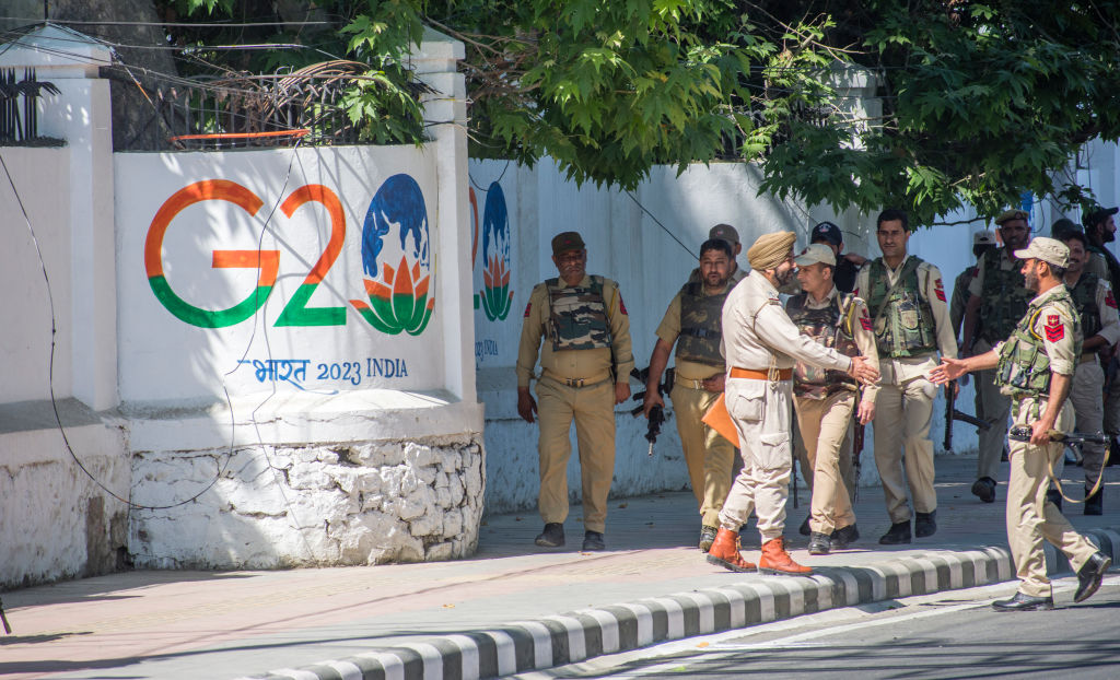 Indian security forces in Kashmir prepare for a G20 gathering, 2023. (Getty)